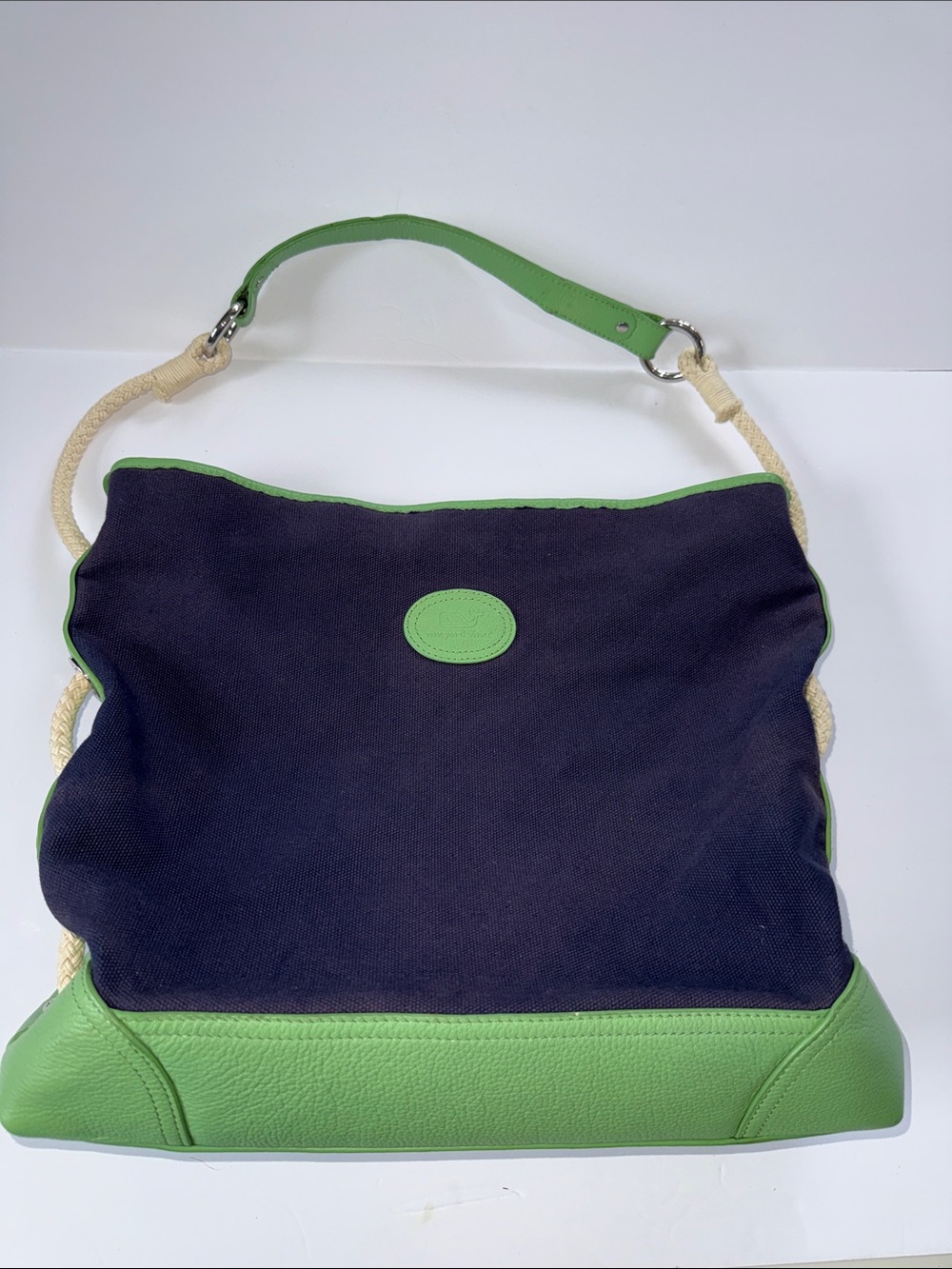 Vineyard vines navy Canvas Shoulder Bag with Green Leather Trim